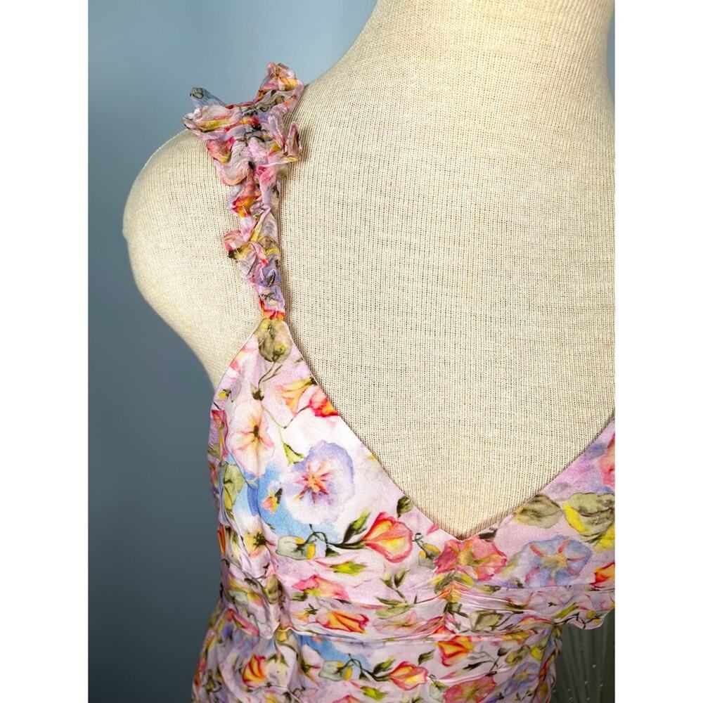 LOVESHACKFANCY Desra Ruched Floral Pastel Confetti Ruffle Mini Dress Sz 8 - Picture 7 of 10